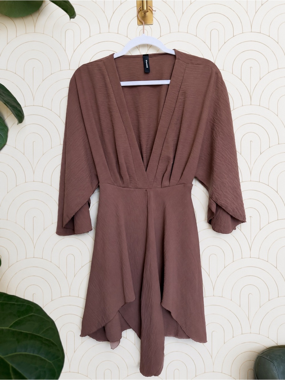 Ventti Brown Flowing V-Neck Mini Dress or Tunic